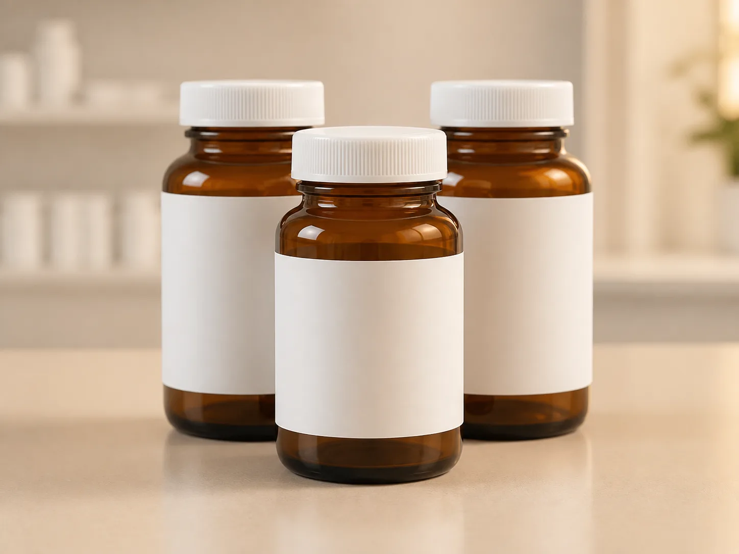 Frascos farmac&ecirc;uticos com r&oacute;tulos de identifica&ccedil;&atilde;o
